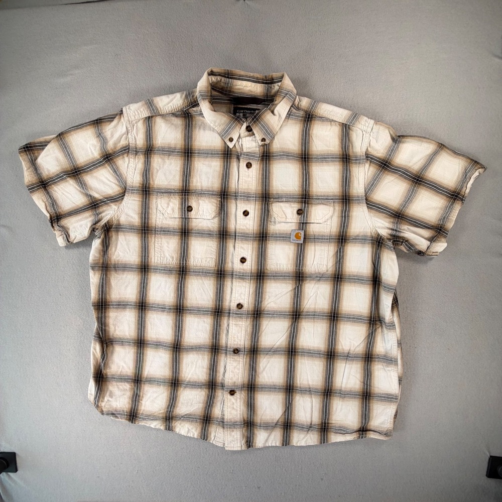 Carhartt Plaid Short Sleeve Button Up Shirt Mens 2XL Tan Brown Workwear 104625